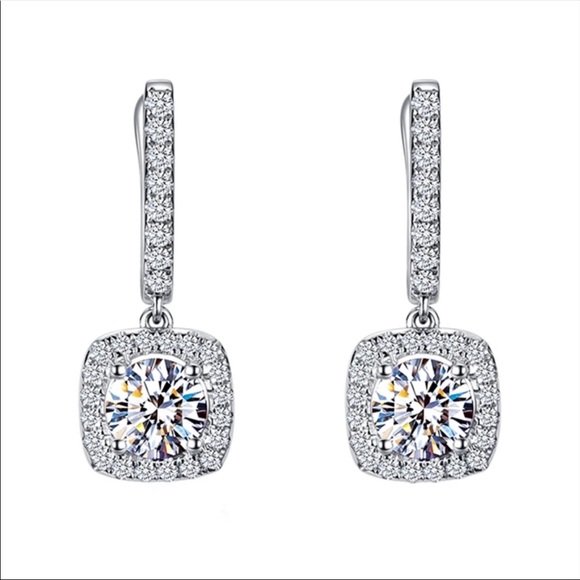 New Women’s925 Silver Diamond Square Drop Earrings - Picture 5 of 5